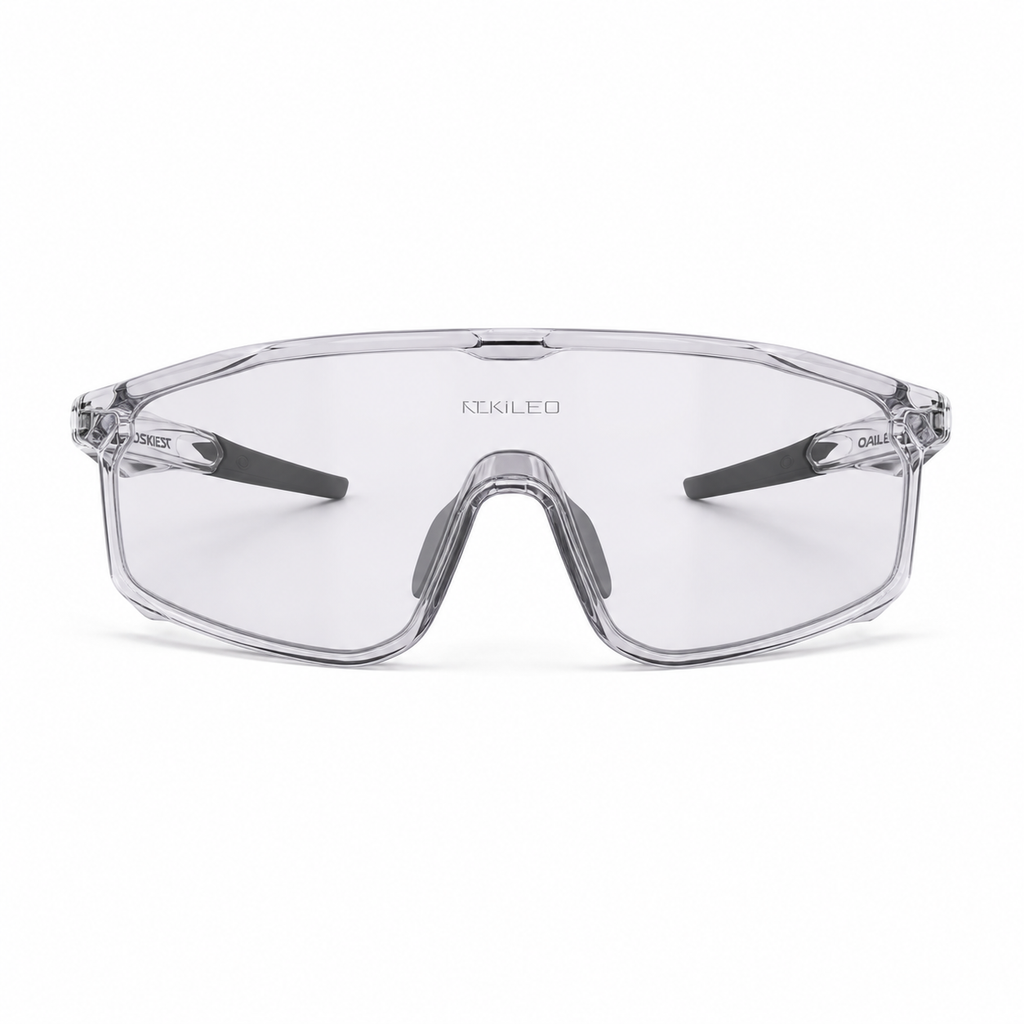 Crystal Grey Frame/Photochromic Silver Lens Unisex TR90 Rimless Shield Cycling Sunglasses, clean front product view