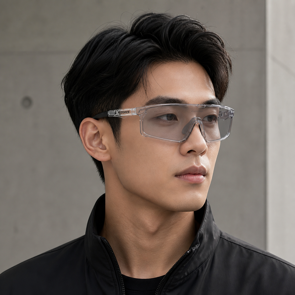 Crystal Grey Frame/Photochromic Silver Lens Unisex TR90 Rimless Shield Cycling Sunglasses, worn by an adult model, front fit