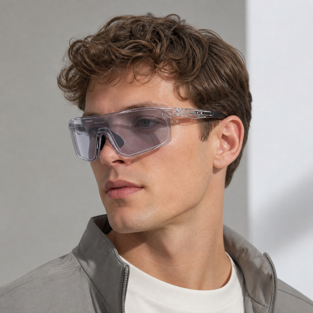 Crystal Grey Frame/Photochromic Silver Lens eyewear, worn by an adult model, alternate fit