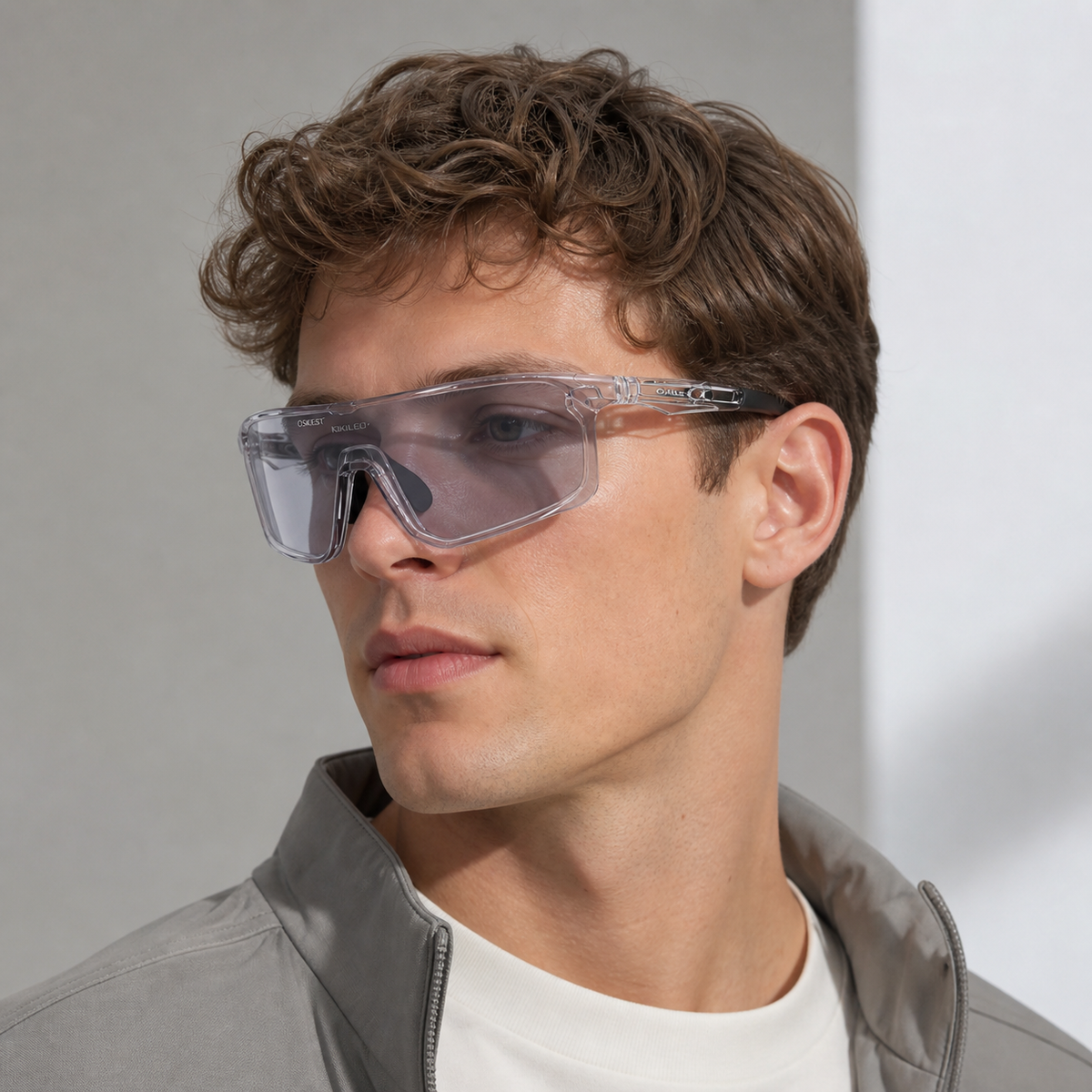Crystal Grey Frame/Photochromic Silver Lens eyewear, worn by an adult model, alternate fit