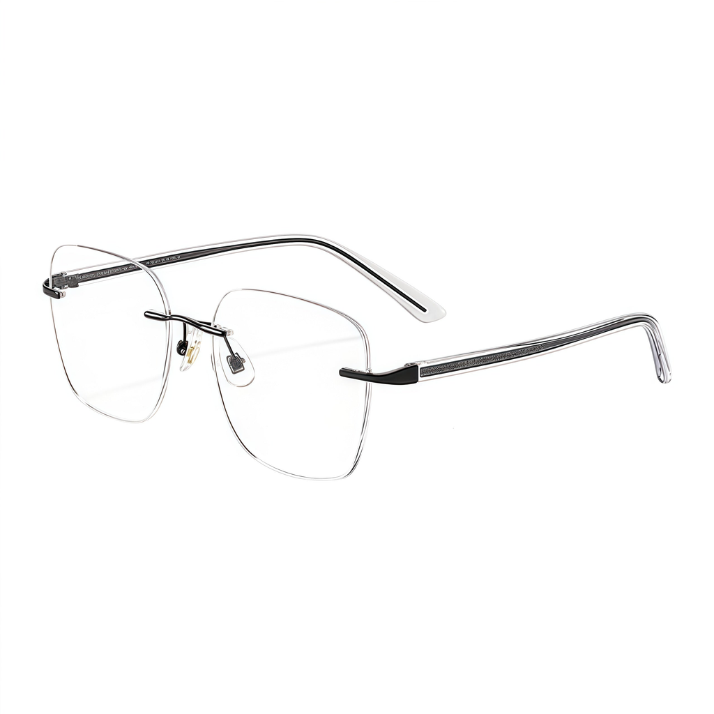 Black Women's Alloy Rimless Geometric Cat-Eye Glasses, 45-degree product view