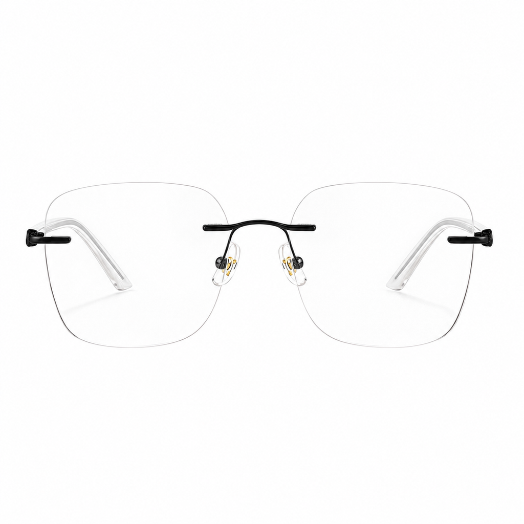 Black Women's Alloy Rimless Geometric Cat-Eye Glasses, clean front product view