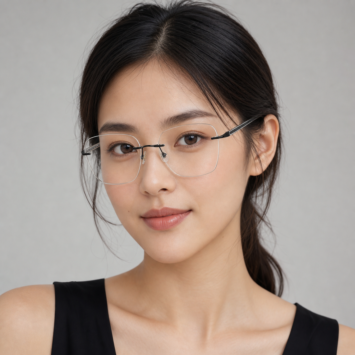 Black Women's Alloy Rimless Geometric Cat-Eye Glasses, worn by an adult model, front fit