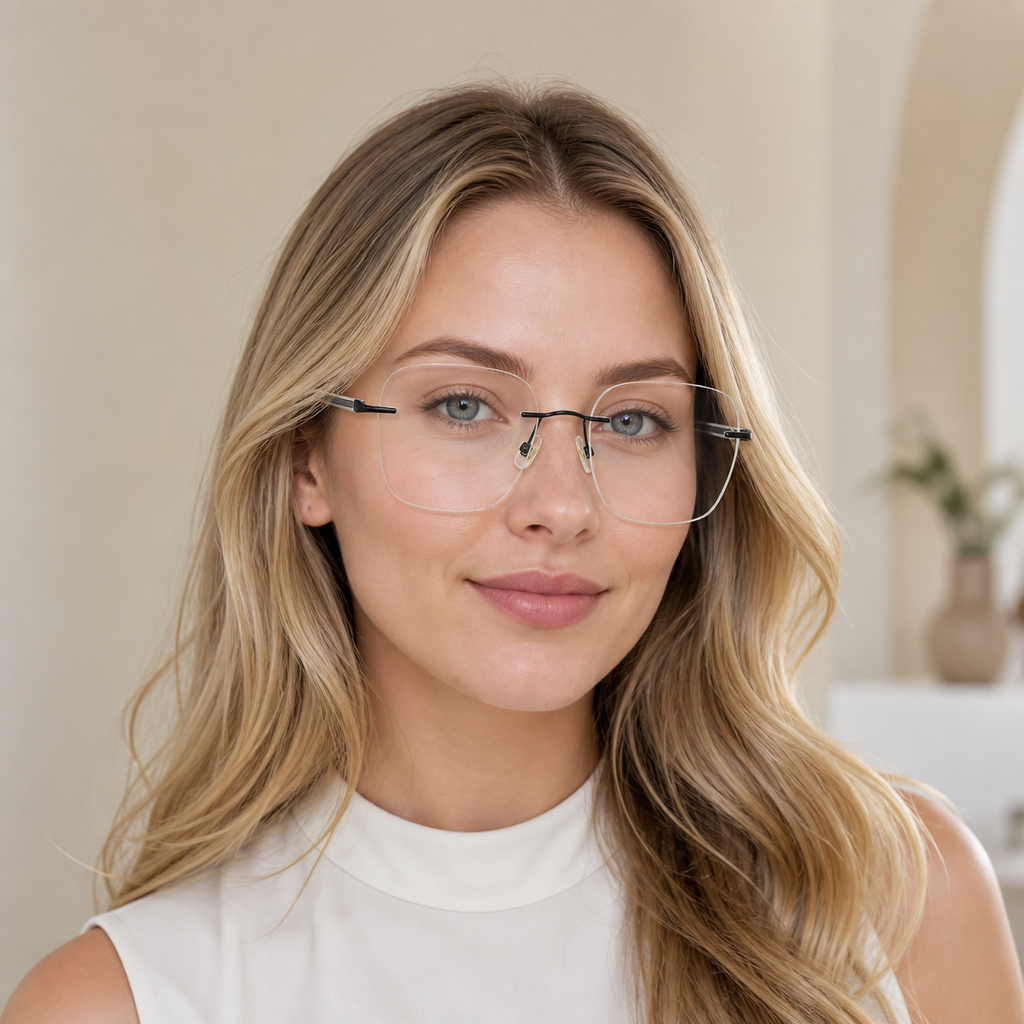Black Women's Alloy Rimless Geometric Cat-Eye Glasses, worn by an adult model, alternate fit