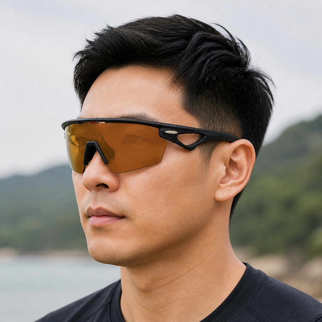 Unisex TR Semi-Rimless Shield Outdoor Sports Sunglasses, worn by an adult model, front fit
