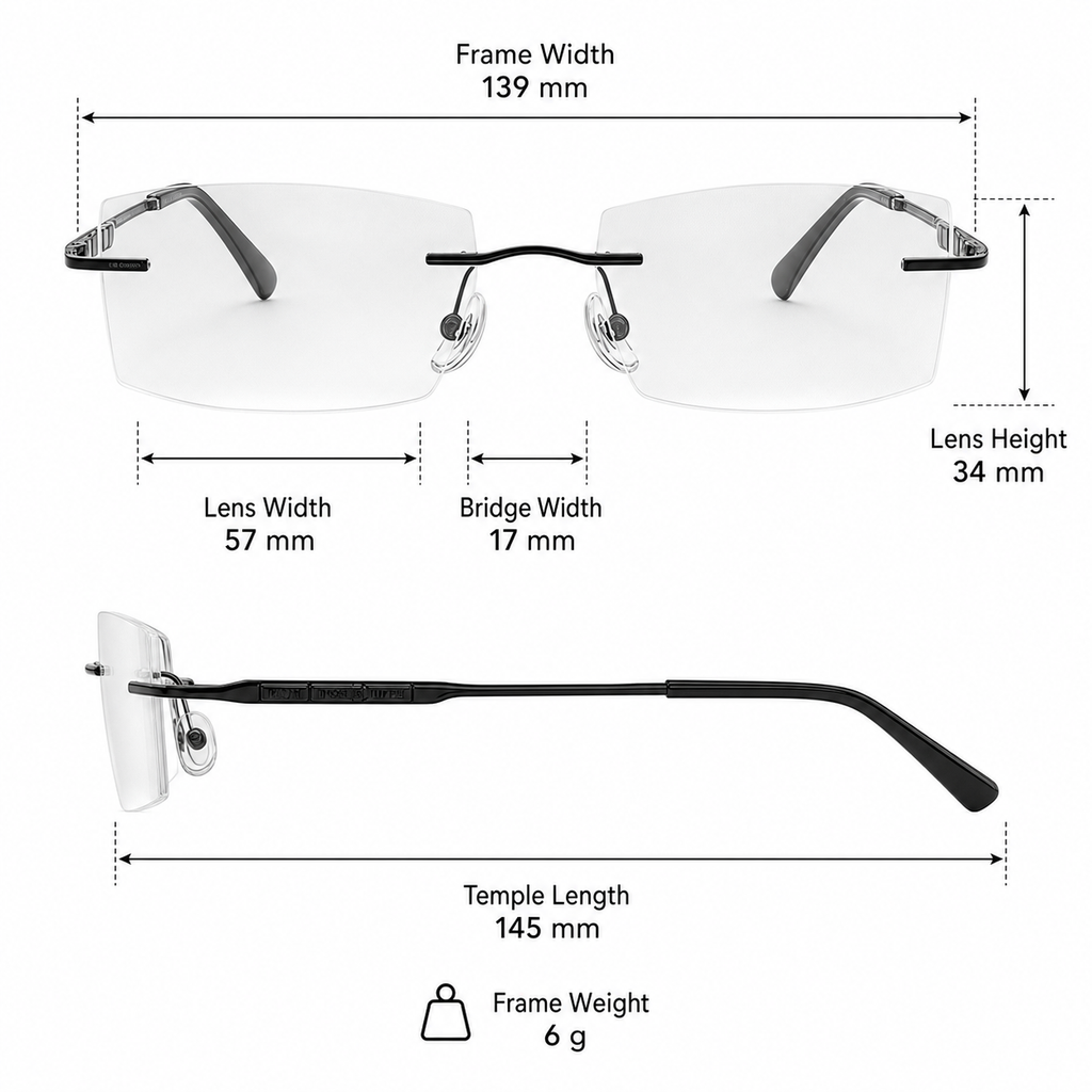 Black Men's Pure Titanium Rimless Narrow-Rectangle Glasses measurement size guide