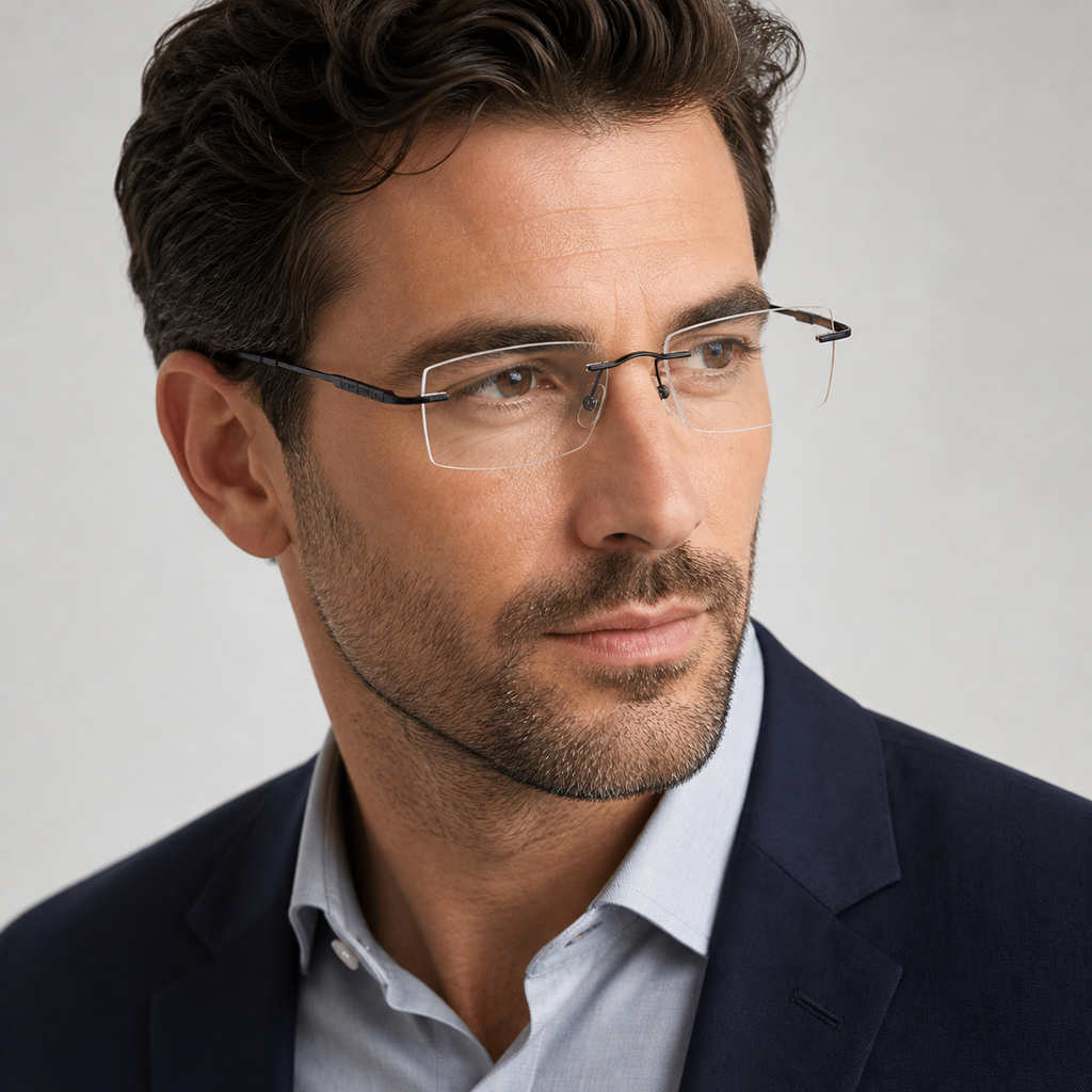 Adult model wearing Black Men's Pure Titanium Rimless Narrow-Rectangle Glasses, lifestyle view 2