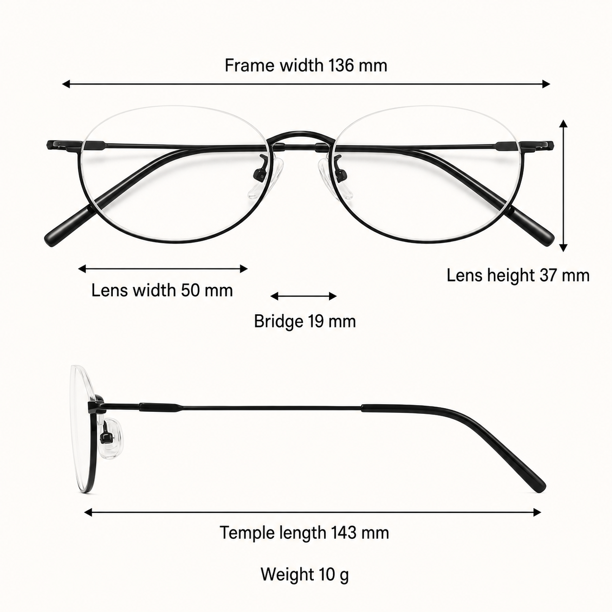 Black Stylish Refined Vintage Semi-Rimmed Eyeglasses measurement size guide