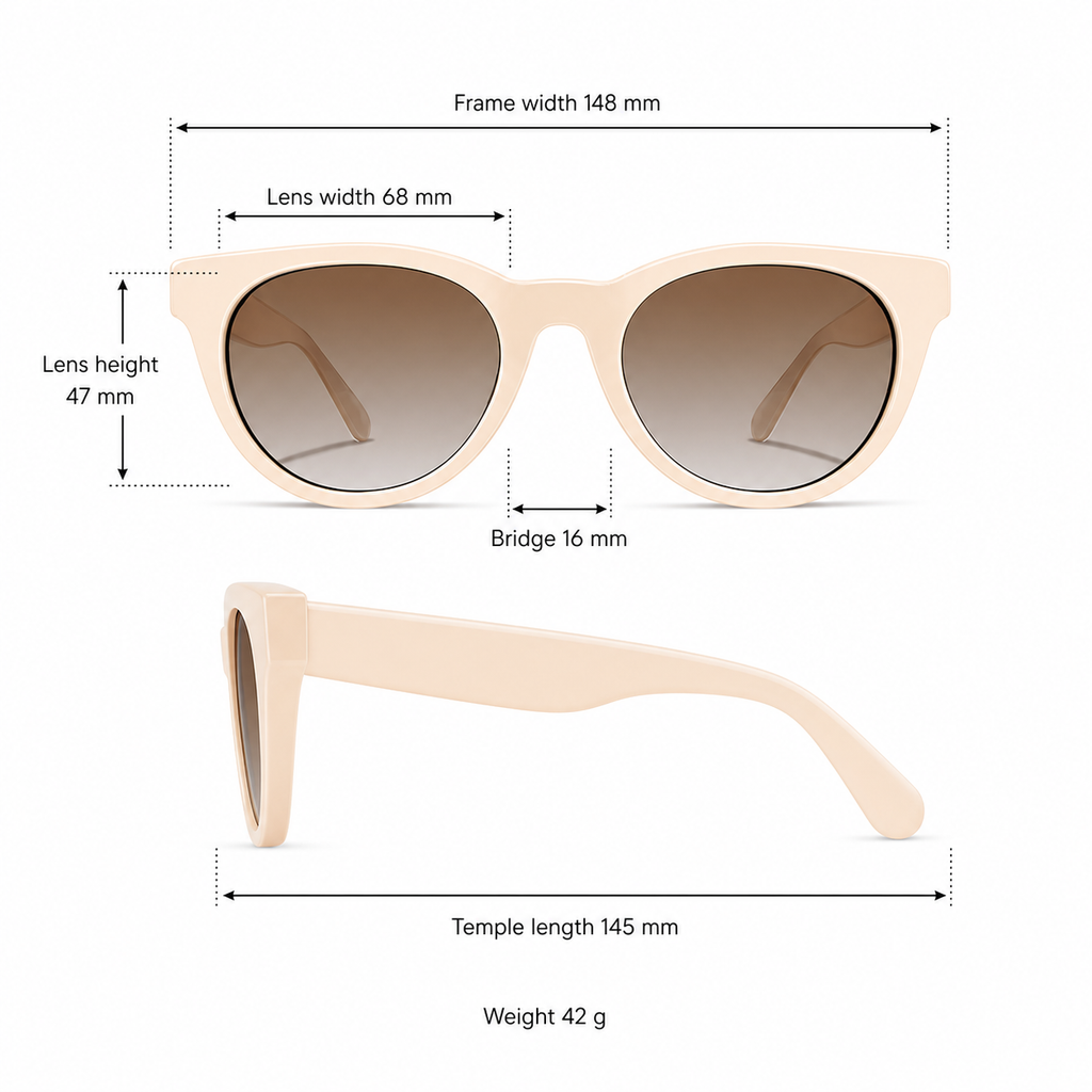 Ivory Summer Beach Women’s Luxury Acetate Nylon Cream UV400 Sunglasses measurement size guide