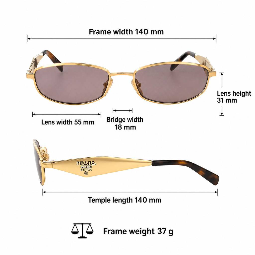 Gold Prada Women's Gold Oval Metal Sunglasses measurement size guide