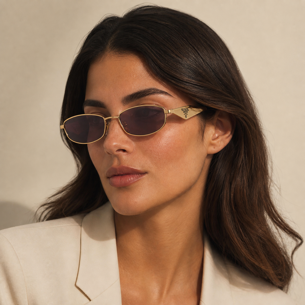 Adult model wearing Gold Prada Women's Gold Oval Metal Sunglasses, lifestyle view 1