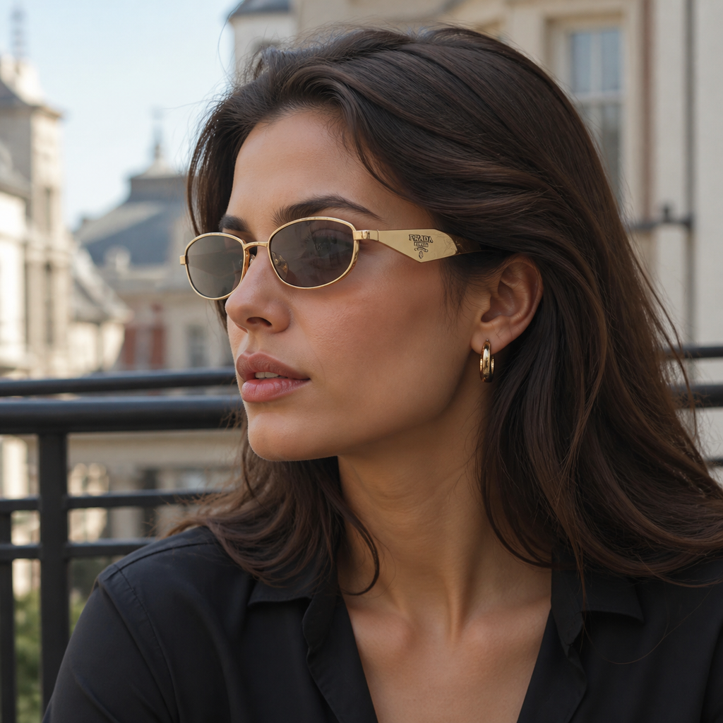 Adult model wearing Gold Prada Women's Gold Oval Metal Sunglasses, lifestyle view 2