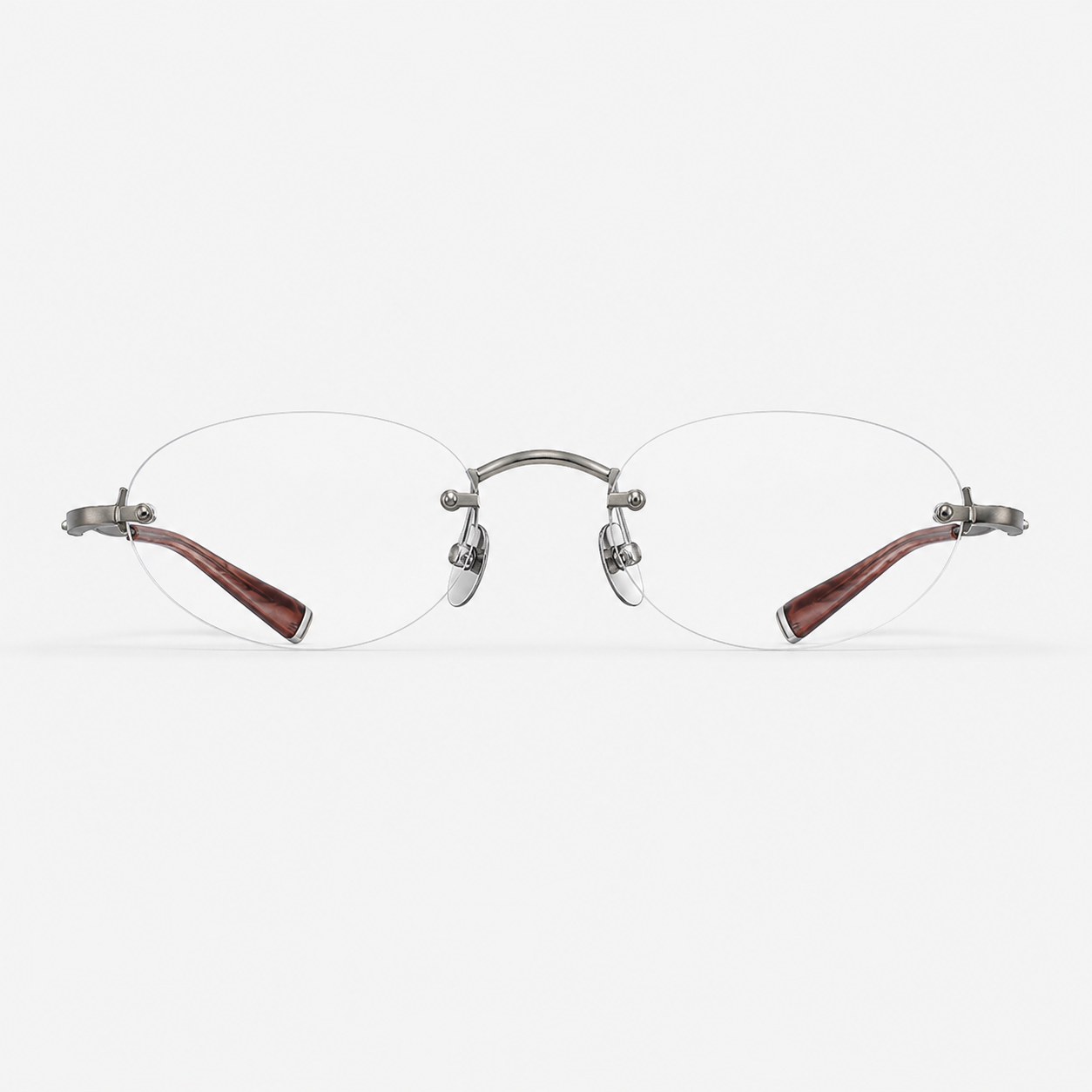 Gunmetal/Brown women's pure titanium and acetate rimless rounded oval glasses, front product view