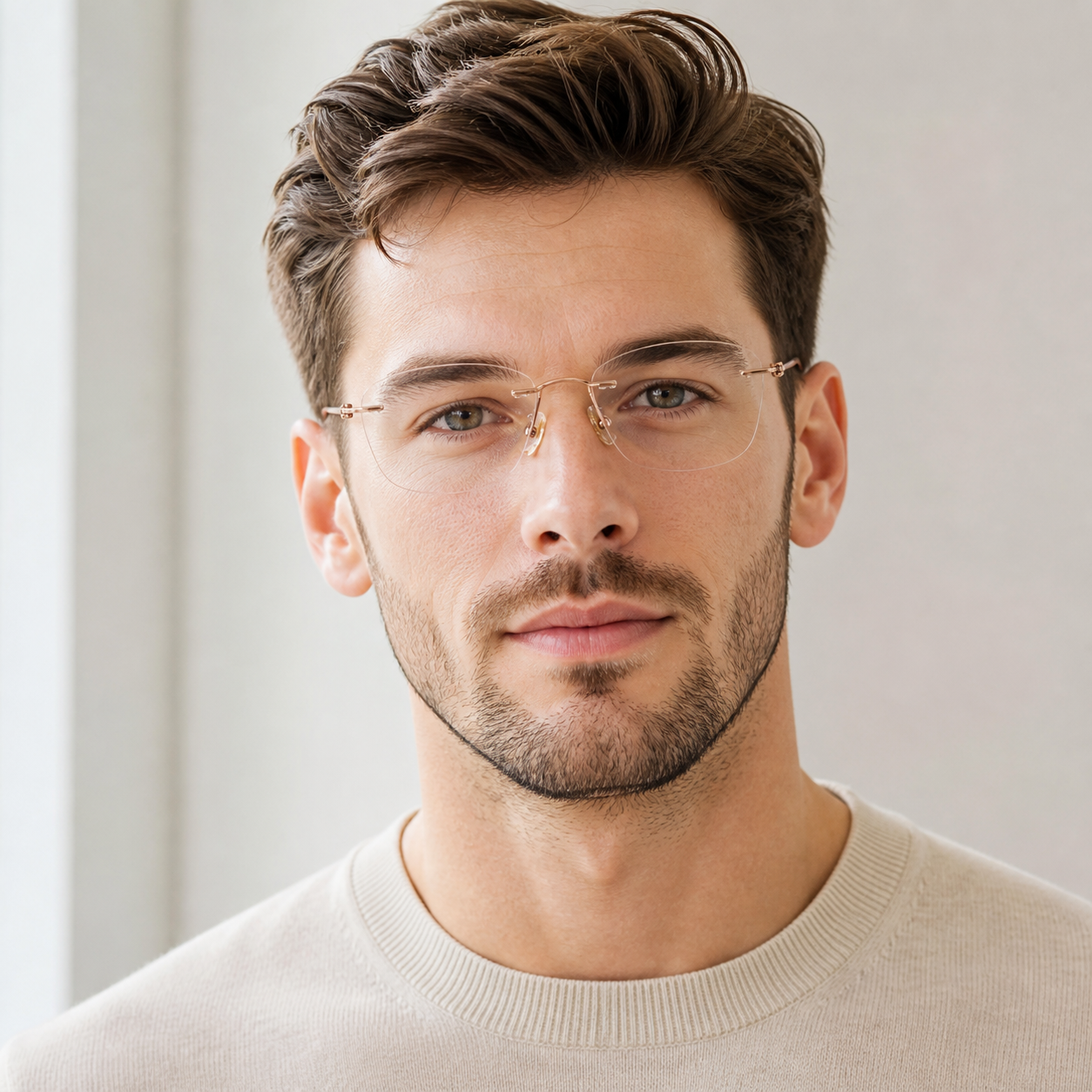 Gold Unisex Semi-Titanium Rimless Rounded-Rectangle Glasses, worn by an adult model, alternate fit
