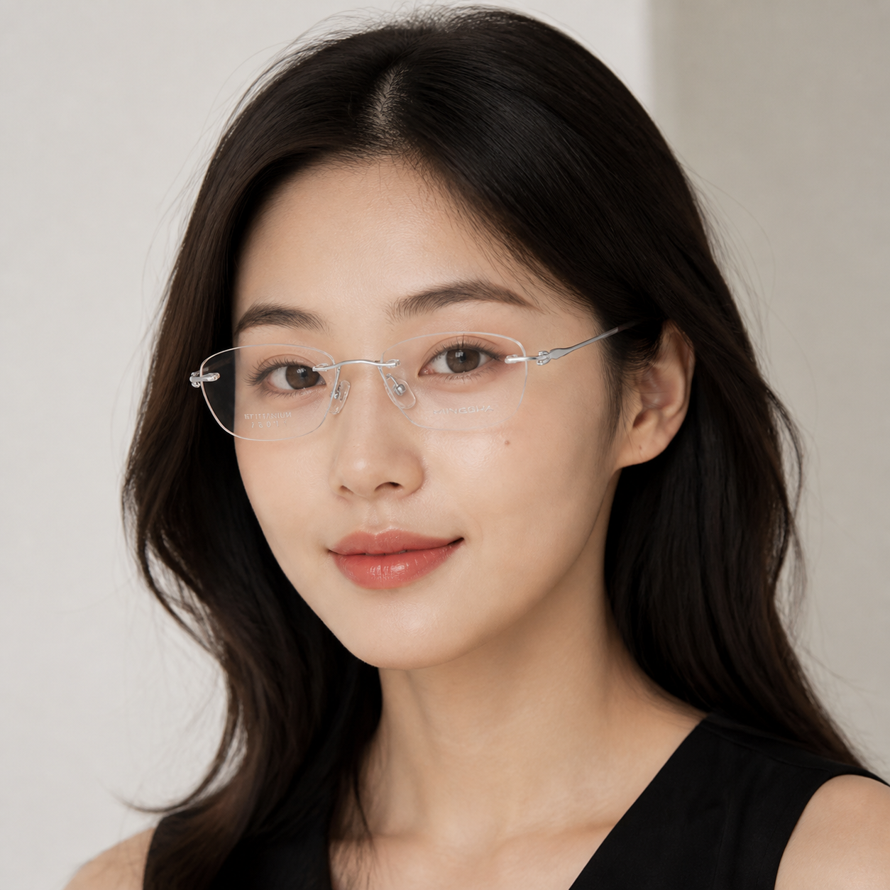 Silver Unisex Semi-Titanium Rimless Rounded-Rectangle Glasses, worn by an adult model, front fit