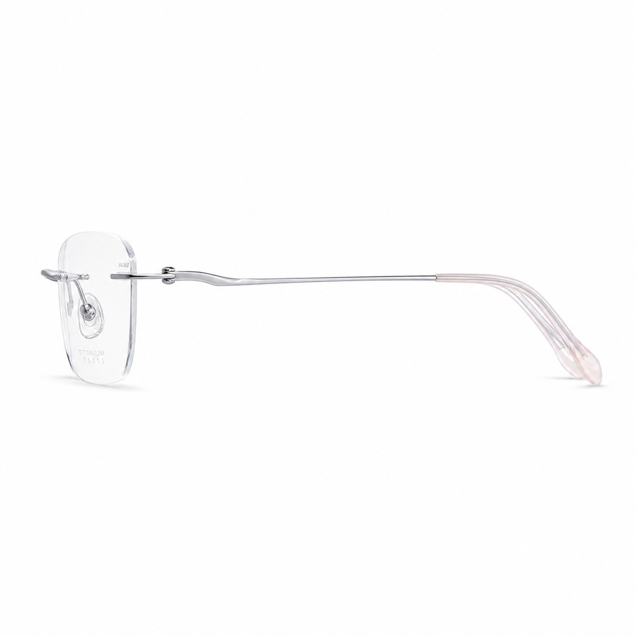 Silver Unisex Semi-Titanium Rimless Rounded-Rectangle Glasses, side temple product view