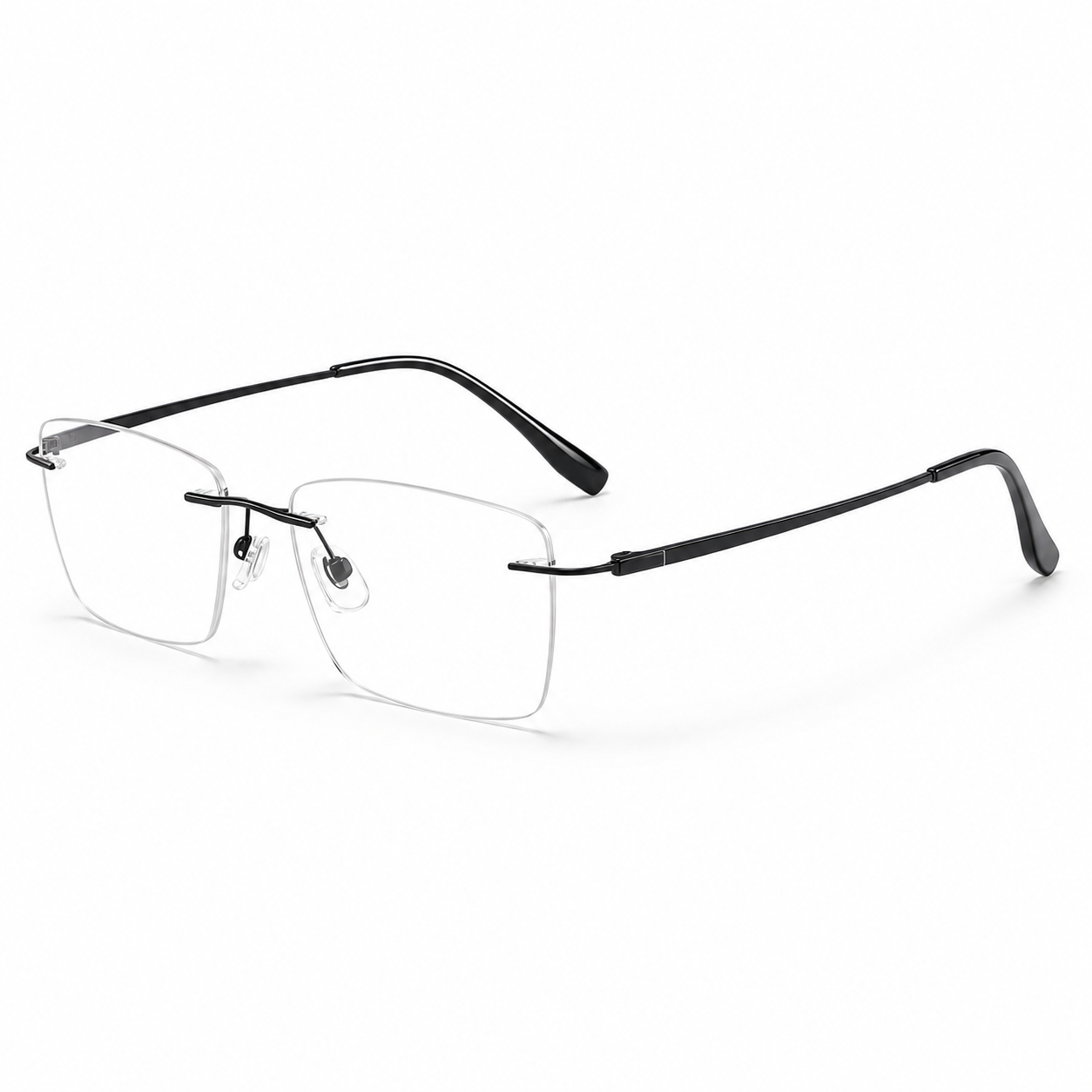 Black Unisex Square Titanium Rimless Glasses, 45-degree view