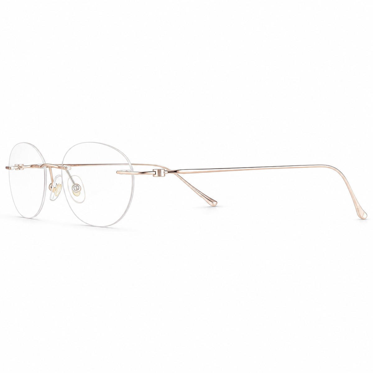 Amber/Rose Gold Women's Slim Oval Pure Titanium Rimless Glasses, side temple view