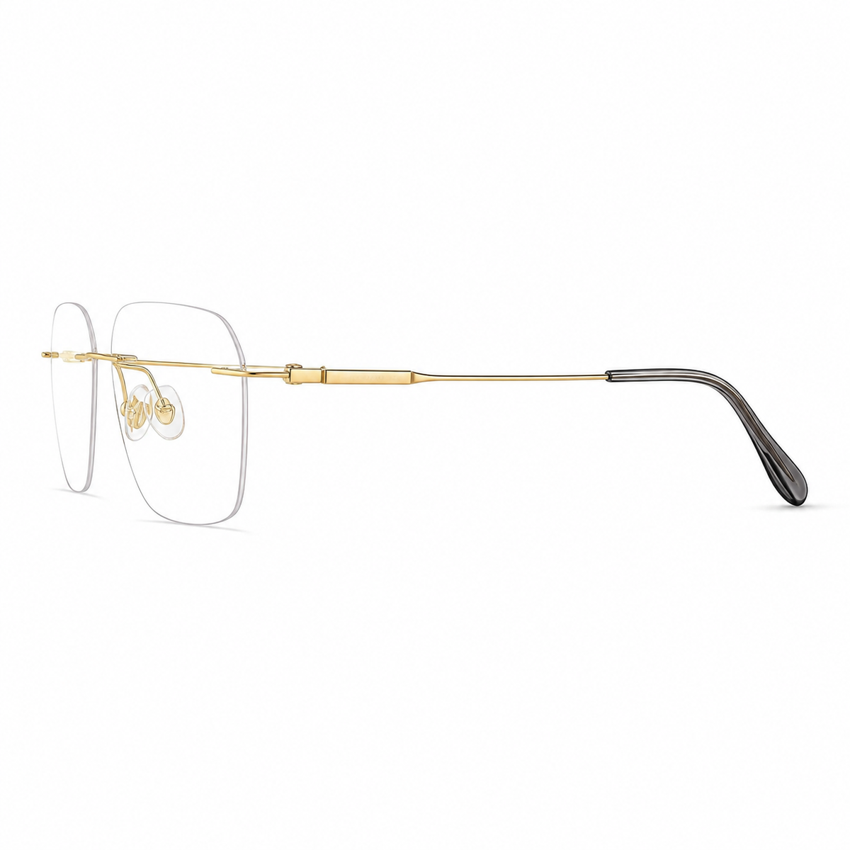 Gold Men's Square Pure Titanium Rimless Glasses, side temple view
