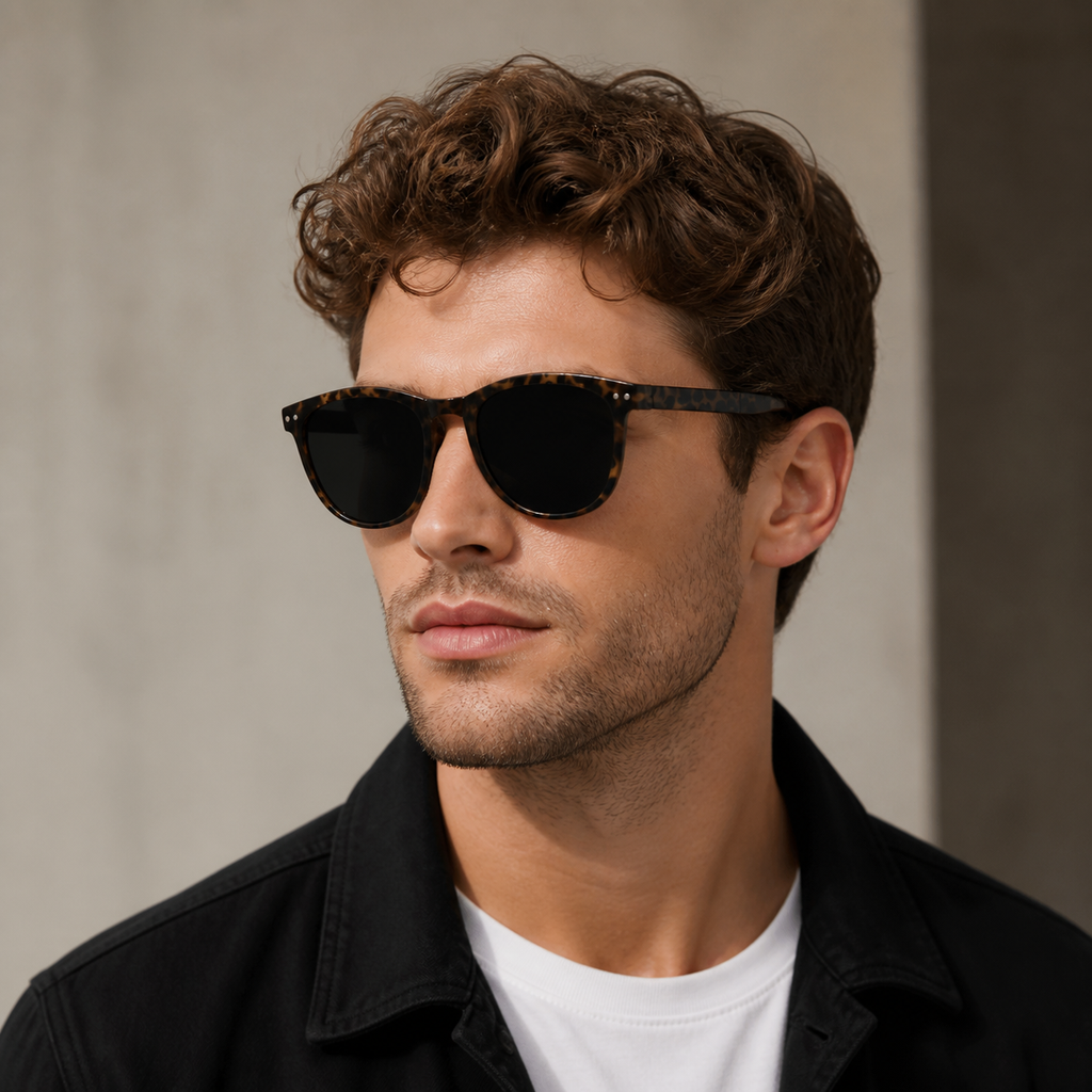 Tortoise Shell Unisex TR90 Foldable UV400 Sunglasses, worn by an adult model, alternate fit