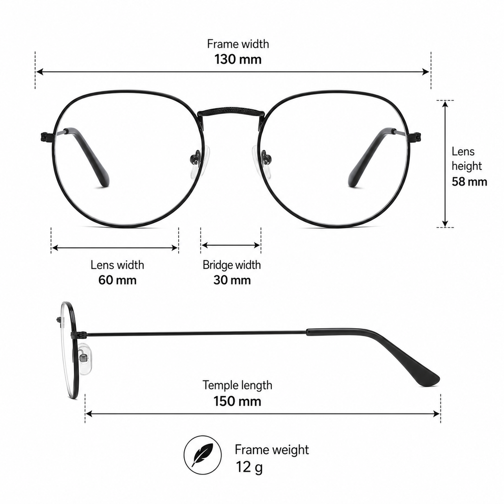 Black Unisex Retro Alloy Round Full-Rim Glasses measurement size guide