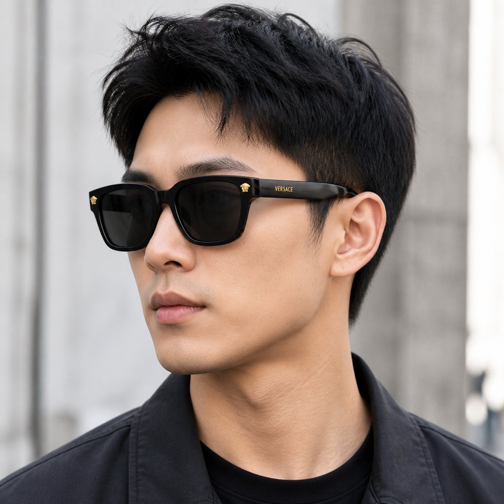 Black Versace O4513D Full-Rim Square UV400 Sunglasses, worn by an adult model, front fit