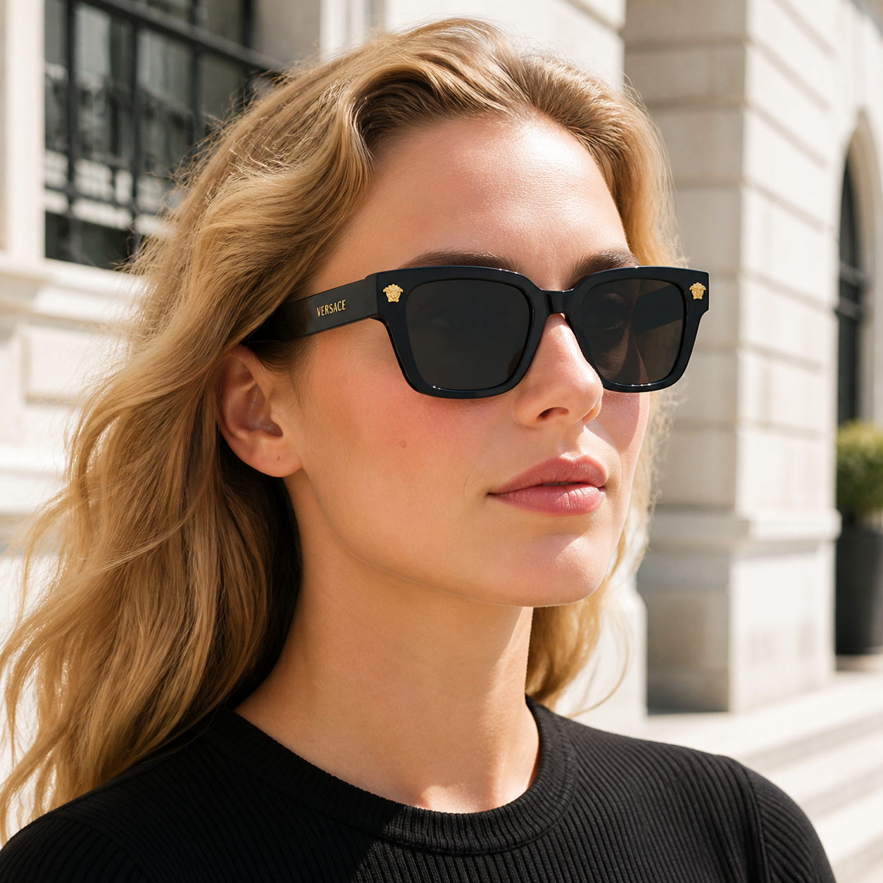 Black Versace O4513D Full-Rim Square UV400 Sunglasses, worn by an adult model, alternate fit