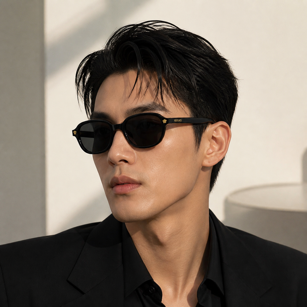 Black Versace O4514D Full-Rim Medusa Sunglasses, worn by an adult model, front fit