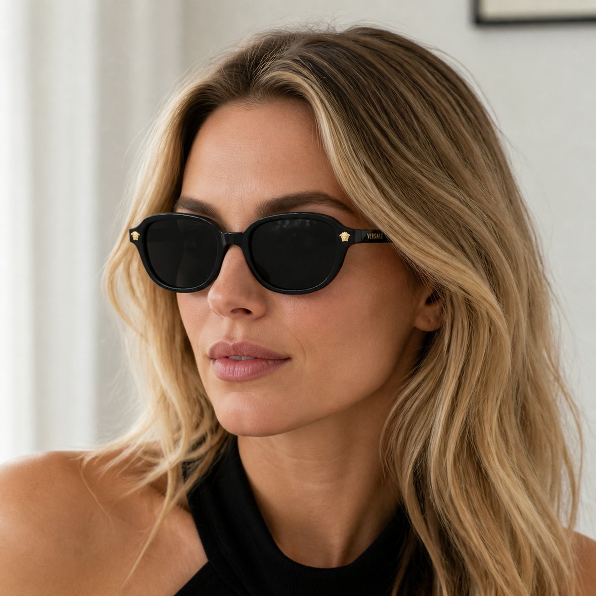 Black Versace O4514D Full-Rim Medusa Sunglasses, worn by an adult model, alternate fit