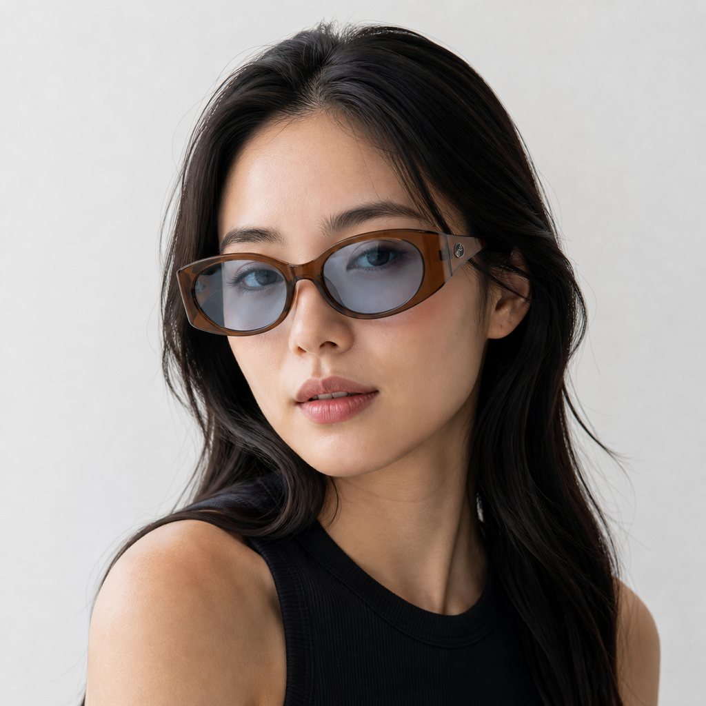 Crystal Brown Unisex Polycarbonate Oval UV400 Sunglasses, worn by an adult model, front fit