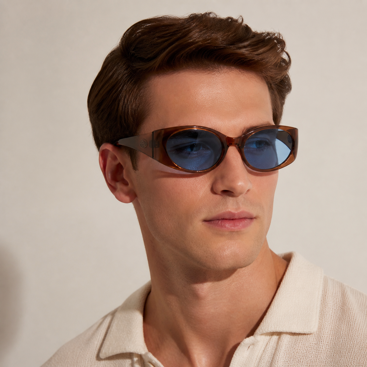 Crystal Brown Unisex Polycarbonate Oval UV400 Sunglasses, worn by an adult model, alternate fit