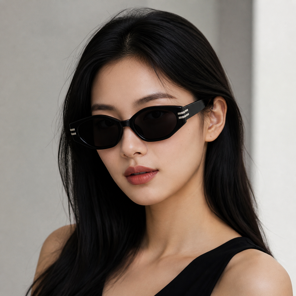 Black Women's Polycarbonate Small Cat-Eye Sunglasses, worn by an adult model, front fit