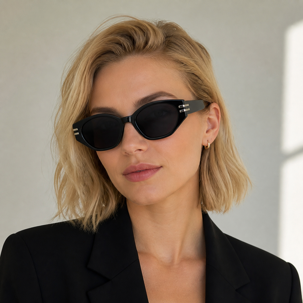 Black Women's Polycarbonate Small Cat-Eye Sunglasses, worn by an adult model, alternate fit