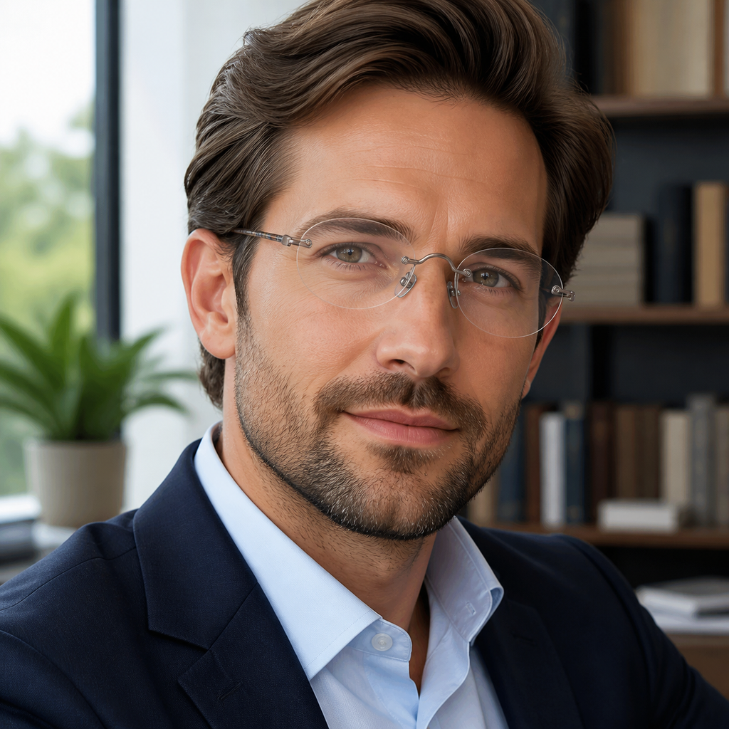 Adult model wearing Antique Bronze/Yellow Grey Vintage Sophisticated Rimless Eyeglasses, lifestyle view 1