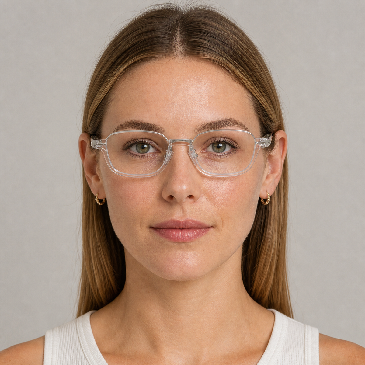 Women’s Crystal Clear sunglasses worn by an adult White woman
