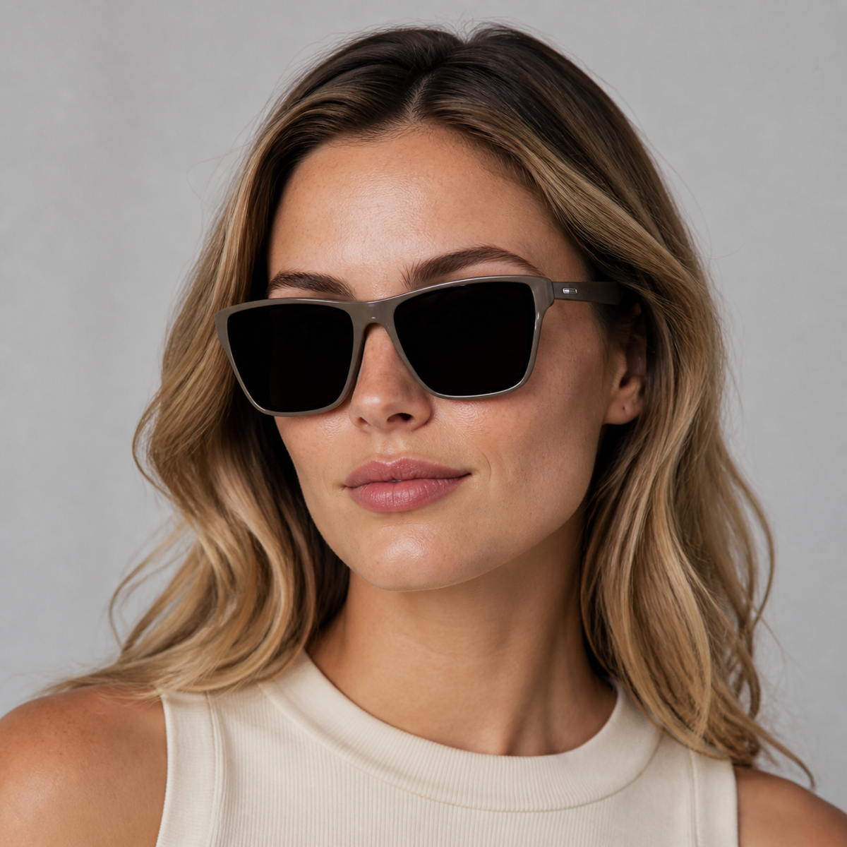 Taupe Women's TR90 One-Piece Shield UV400 Sunglasses, worn by an adult model, alternate fit