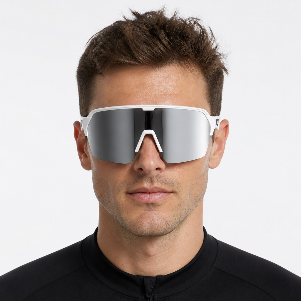 Unisex TR90 Windproof Shield Cycling Sunglasses, worn by an adult model, front fit