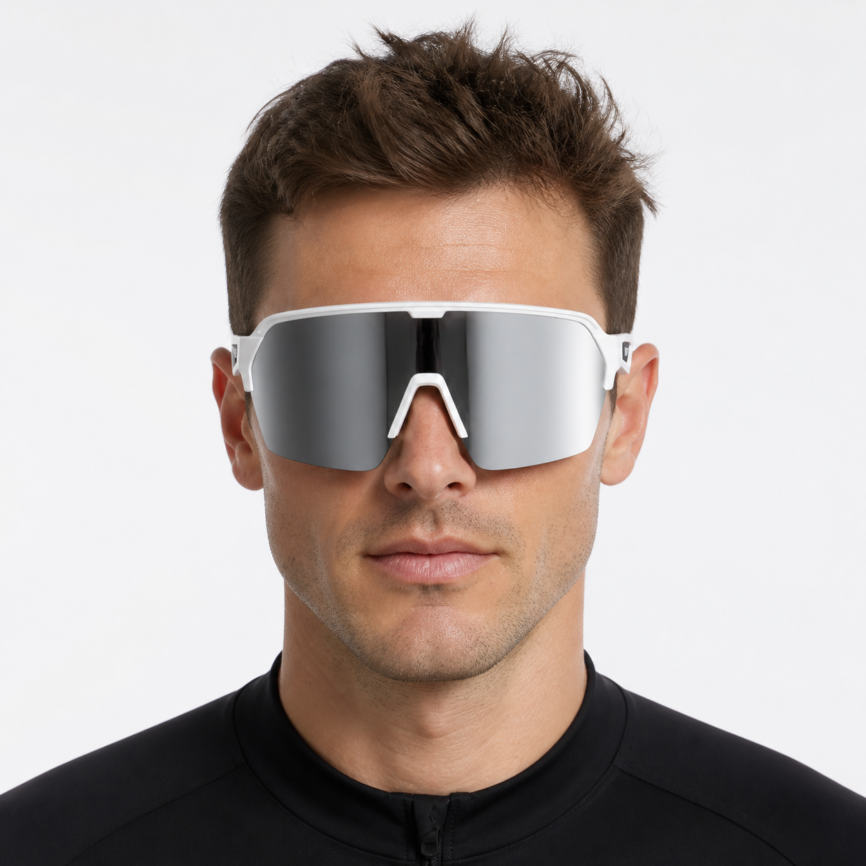 Unisex TR90 Windproof Shield Cycling Sunglasses, worn by an adult model, front fit
