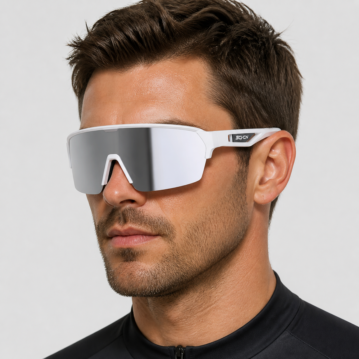 Unisex TR90 Windproof Shield Cycling Sunglasses, worn by an adult model, alternate fit