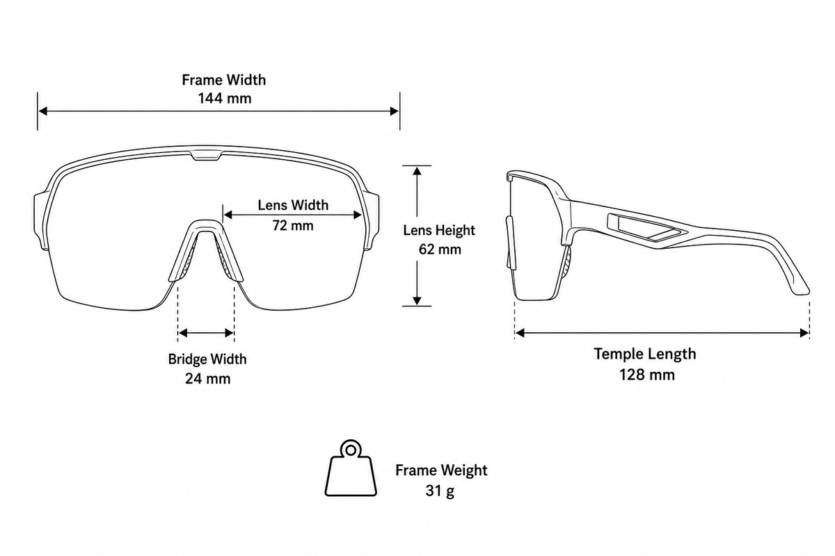 Unisex TR90 Windproof Shield Cycling Sunglasses frame measurements and weight guide