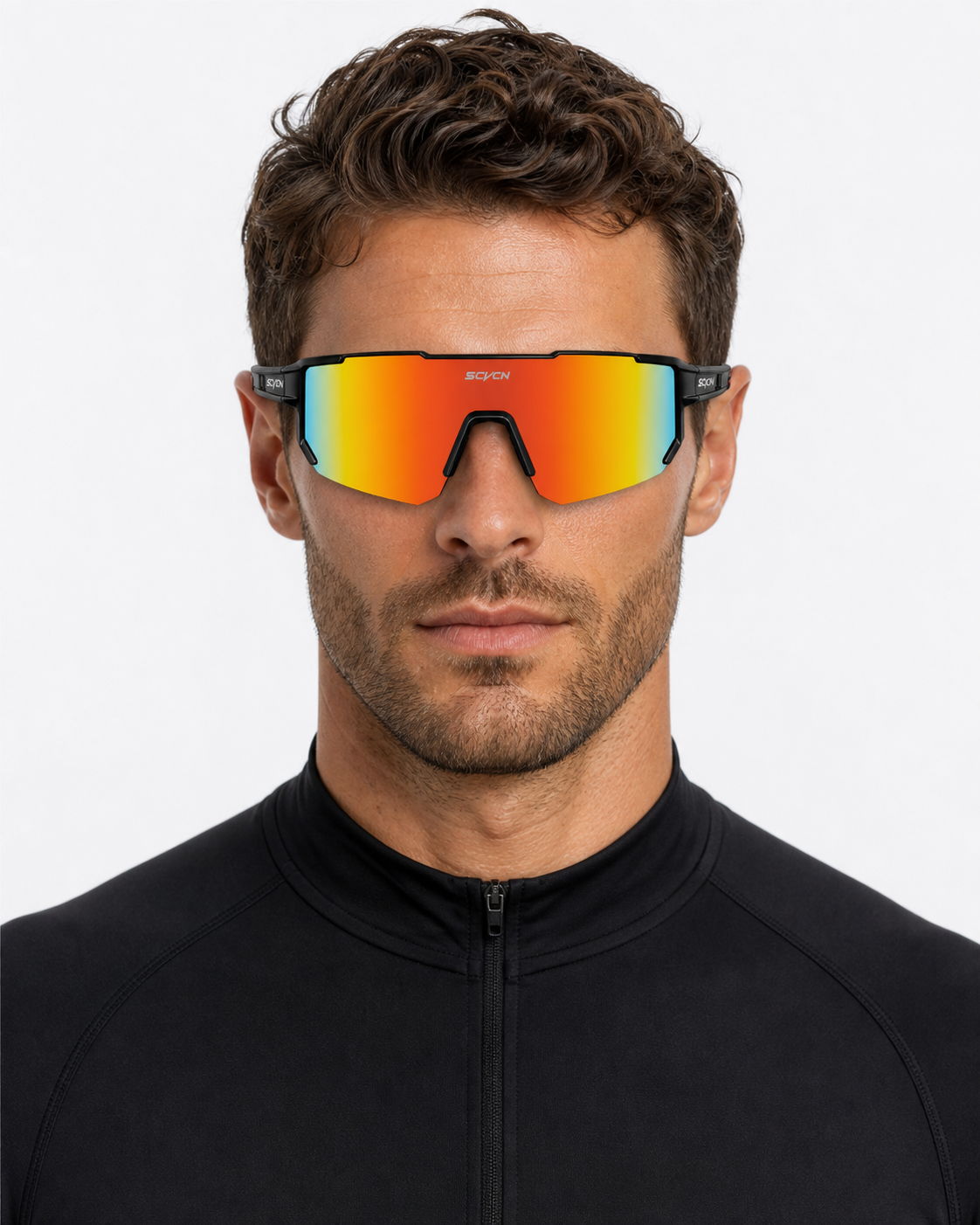 Matte Black Frame/Red Lens Unisex TR90 Dustproof Shield Cycling Sunglasses, worn by an adult model, front fit