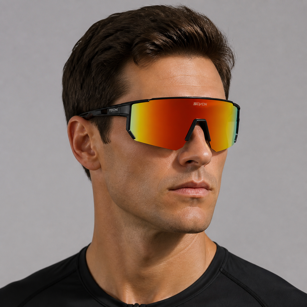 Matte Black Frame/Red Lens Unisex TR90 Dustproof Shield Cycling Sunglasses, worn by an adult model, alternate fit