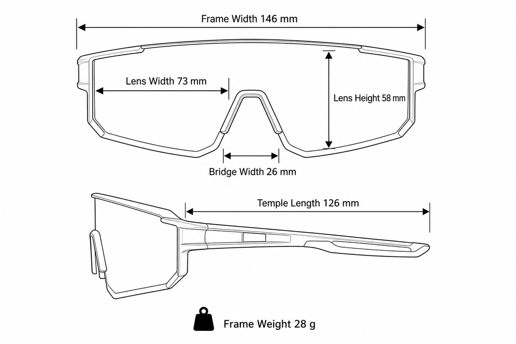 Unisex TR90 Dustproof Shield Cycling Sunglasses frame measurements and weight guide