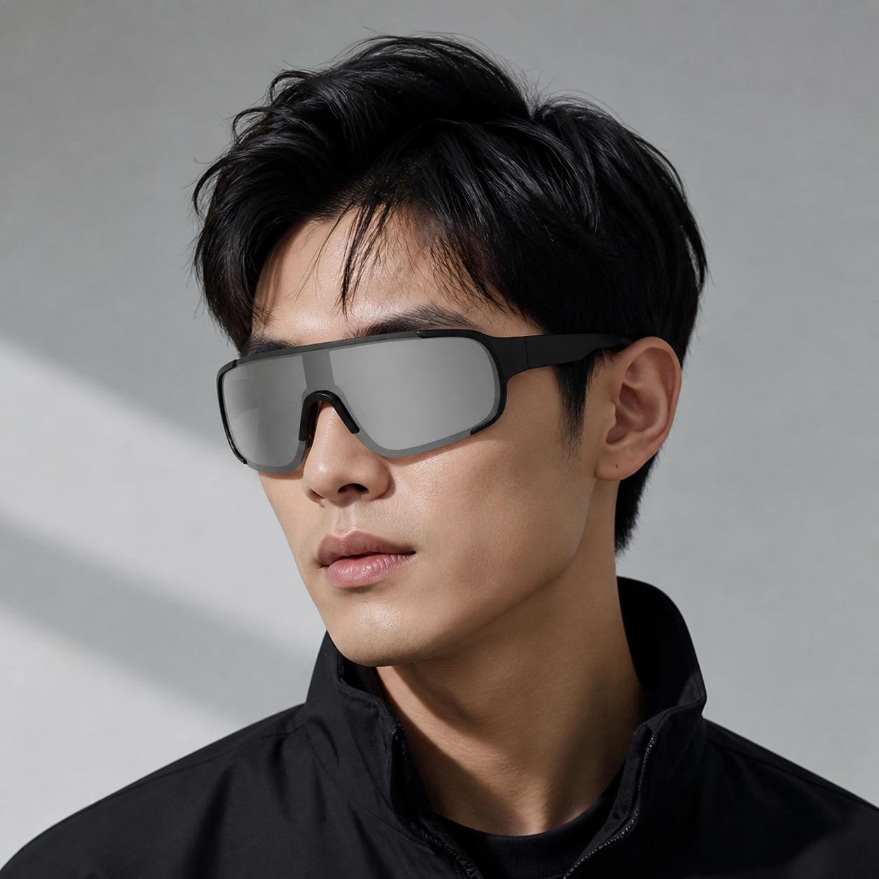 Black Frame/Silver Lens Unisex PC Windproof Rectangle Cycling Sunglasses, worn by an adult model, front fit