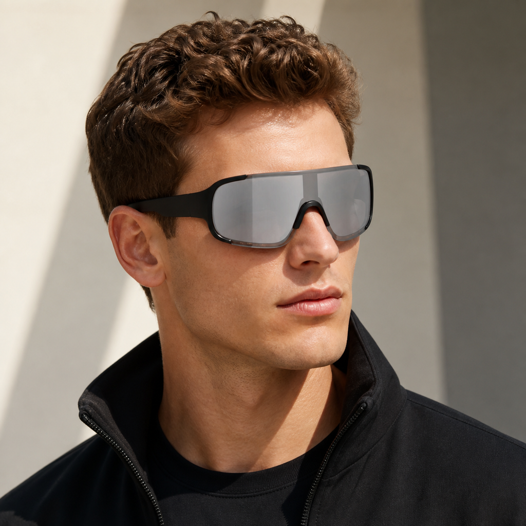 Black Frame/Silver Lens Unisex PC Windproof Rectangle Cycling Sunglasses, worn by an adult model, alternate fit