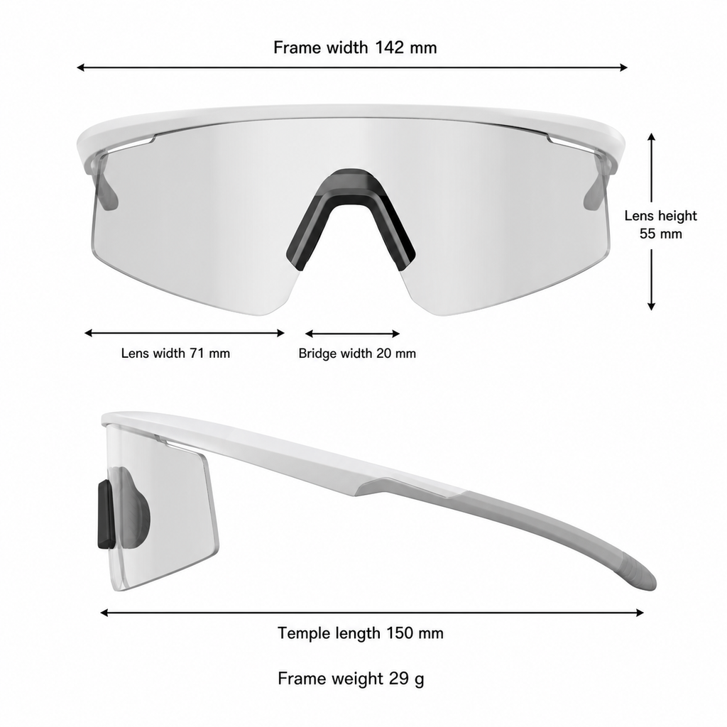 White Frame/Photochromic Grey Lens Windproof Outdoor Sports Glasses measurement size guide