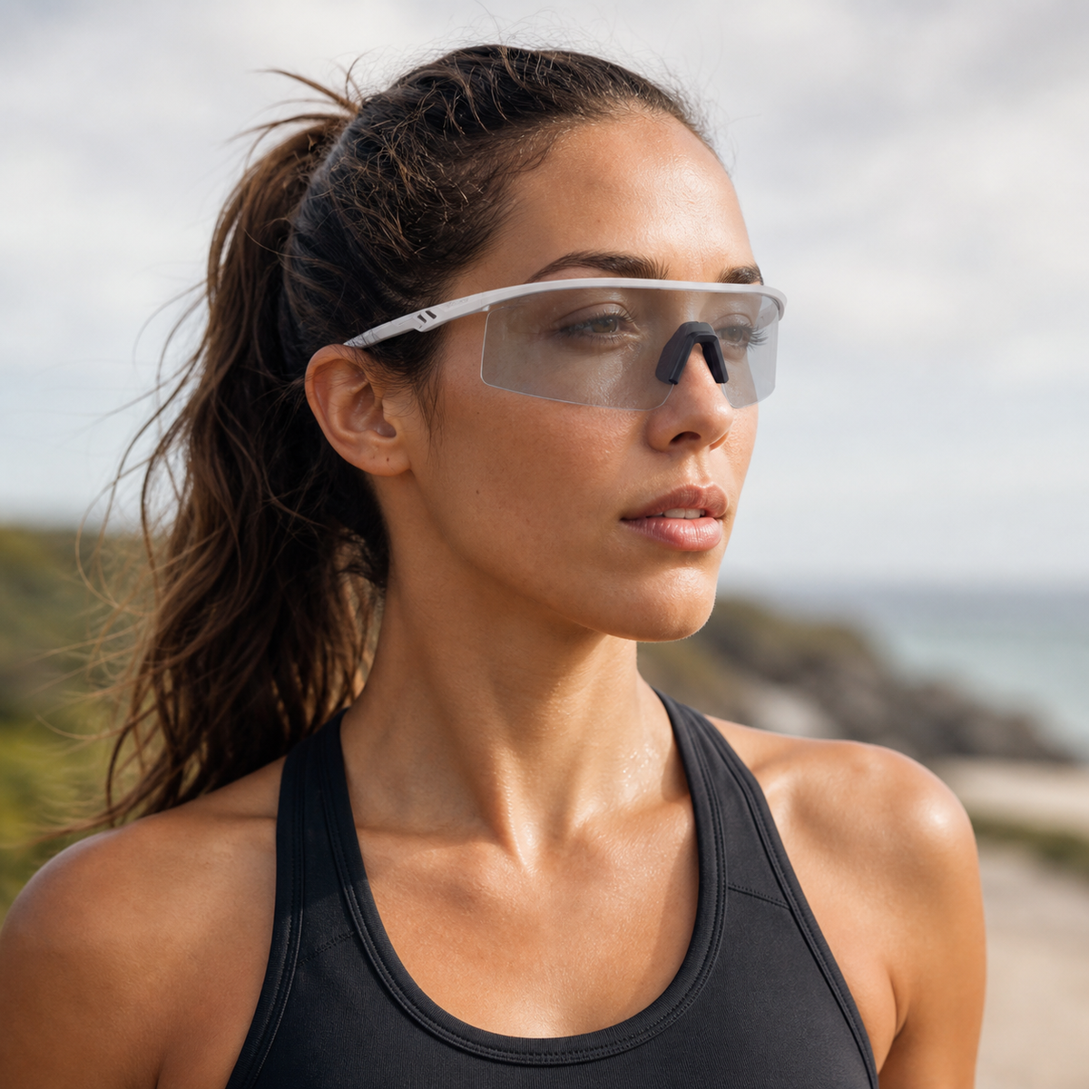 Adult model wearing White Frame/Photochromic Grey Lens Windproof Outdoor Sports Glasses, lifestyle view 1