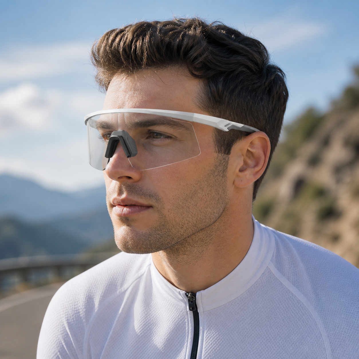 Adult model wearing White Frame/Photochromic Grey Lens Windproof Outdoor Sports Glasses, lifestyle view 2