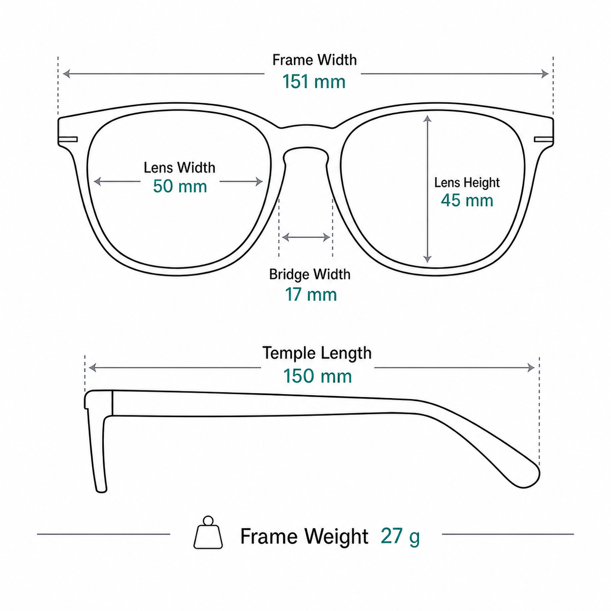 Women’s Black Gradient Square Sunglasses measurement guide: 151 mm frame, 50 mm lens, 27 g weight