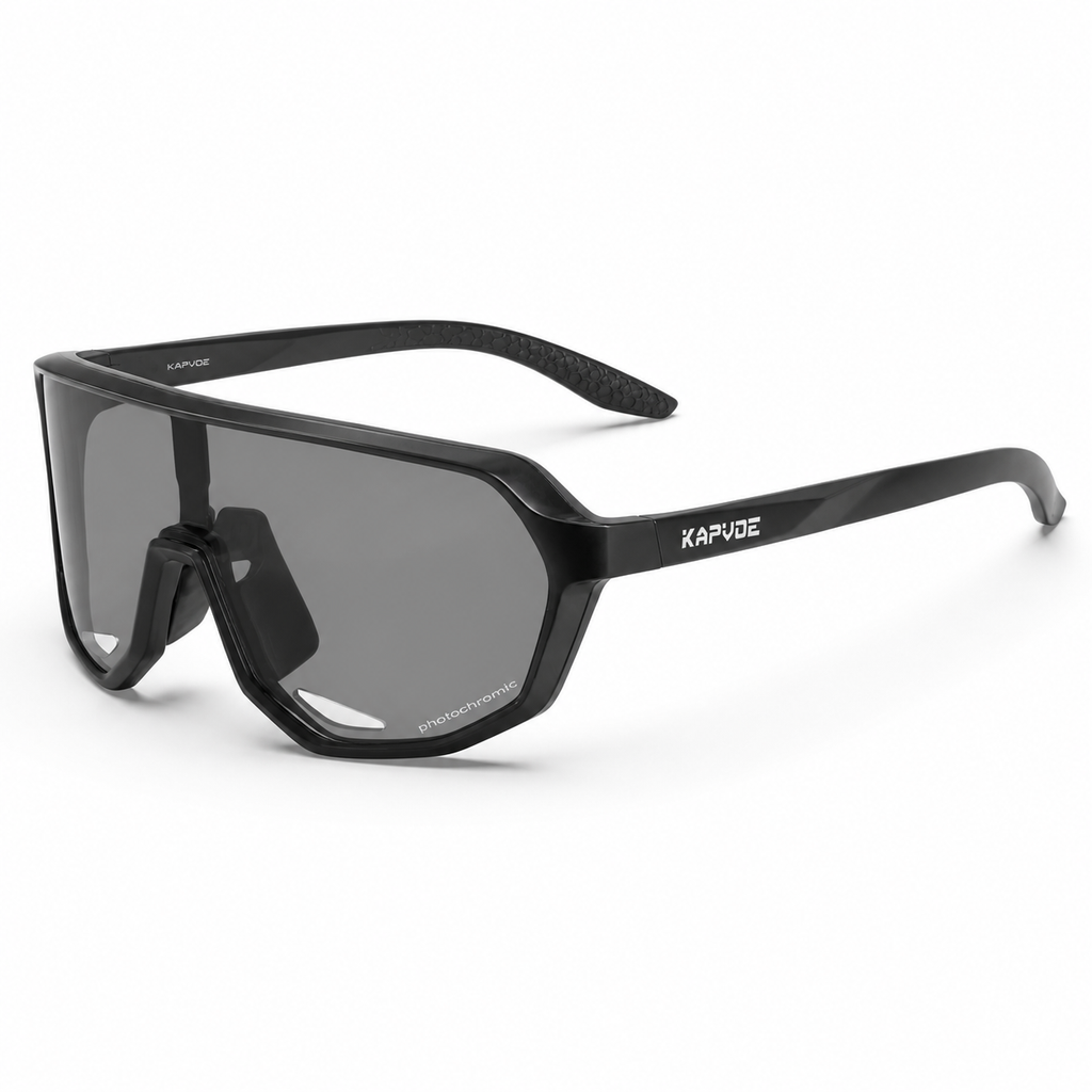 Black Frame/Photochromic Grey Lens Unisex TR90 Photochromic Full-Rim Cycling Sunglasses, 45-degree product view